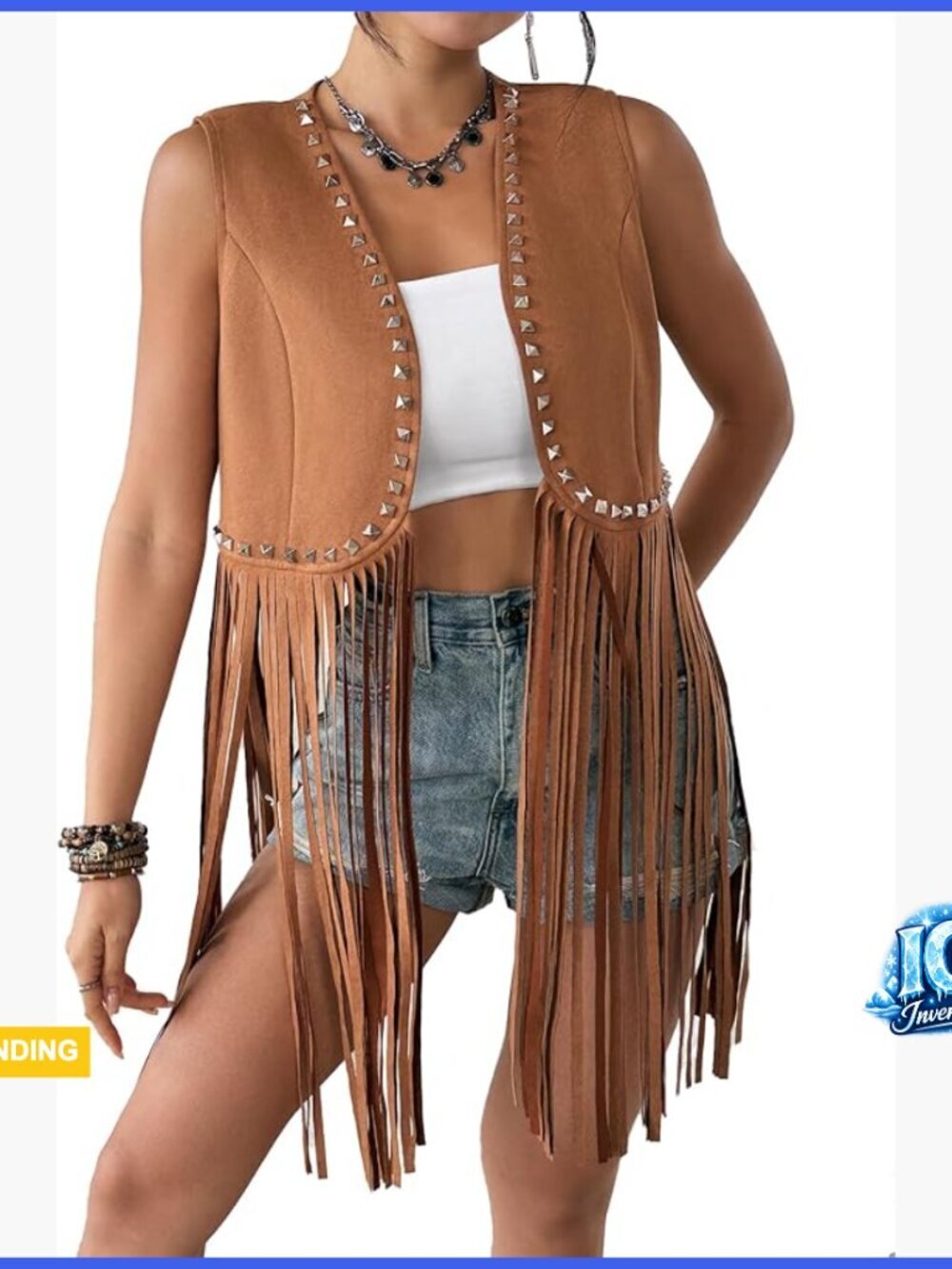 Faux Suede Fringe Vest with Metallic Studs Sleeveless Western Boho